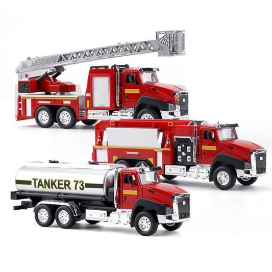 Max Metal Die-Cast Transport Vehicles Truck Toys (3 Pack) 1:50 Pull Back Metal Model (Set R) Fire Ladder Truck, Fire Engine and Fire Tanker Truck