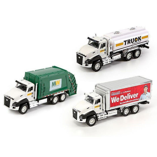 Max Metal Die-Cast Transport Vehicles Truck Toys (3 Pack) 1:50 Pull Back Metal Model (Set W) Garbage Truck, Oil Tanker Truck and Delivery Truck