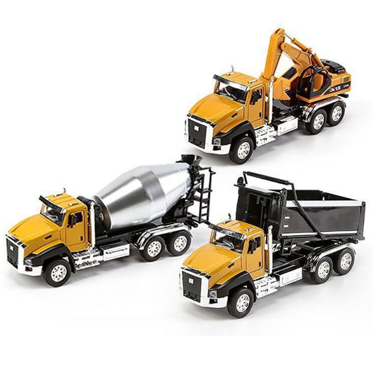 Max Metal Die-Cast Transport Vehicles Truck Toys (3 Pack) 1:50 Pull Back Metal Model (Set Y) Cement Mixer Truck, Excavator Truck and Dump Truck